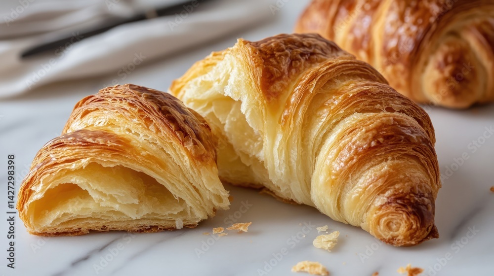 Golden-brown croissant, sliced open, revealing flaky layers and a soft interior, on a marble surface Golden-brown croissant, sliced open, revealing flaky layers and a soft interior, on a marble surface