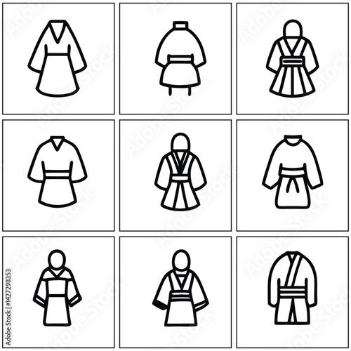 Traditional Korean Dress Icons set Hanbok Fashion Symbols for Digital Art