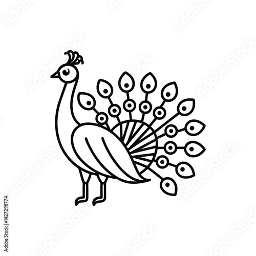 This vector illustration shows a cartoon peacock, a beautiful bird with ornamental feathers, set against a white background in a nature-inspired design