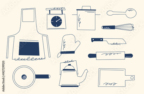 Outline style vector kitchen tools set including apron, kettle, pan, oven mitt, whisk, knife, rolling pin, and board. Minimalistic cooking utensil icons for food design and recipe visuals