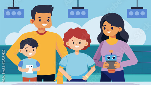 Proud parents watched with amazement as their children confidently presented their robots at the Youth Robotics League expo sharing the hard work and. Vector illustration