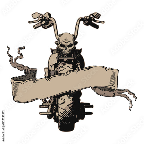 "Skull Rider's Banner: A gritty, vintage-style illustration of a menacing skull astride a custom motorcycle, bearing a blank banner ready for any inscription."