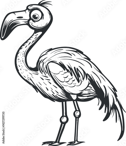A whimsical illustration of a flamingo featuring exaggerated features and a playful design.