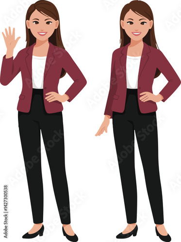 Two confident, businesswomen in burgundy blazers and black pants, one with a welcoming gesture of greeting
