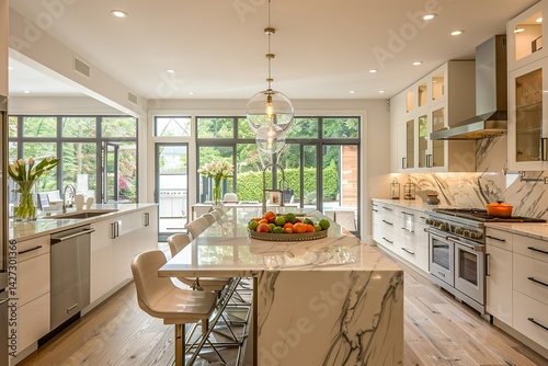 A sophisticated kitchen with glass-fronted cabinets, a custom-built island with a waterfall countertop, and brushed nickel hardware to add modern elegance 
