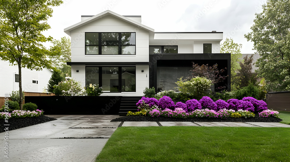 Fototapeta premium Modern White House Exterior with Black Accents and Purple Flowers