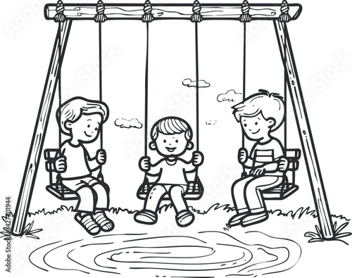 Three children joyfully swinging on a playground swing set enjoying a sunny day outdoors.