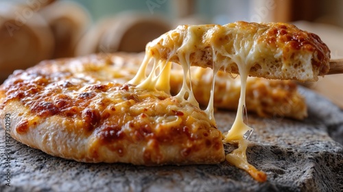Hot, freshly baked pizza rests on a wooden table, golden crust glistening as strings of melted cheese pull away, inviting a delicious experience in a warm, inviting setting.