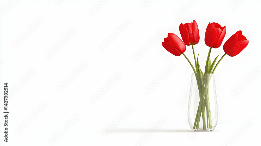 Red Tulips In Glass Vase On White Background