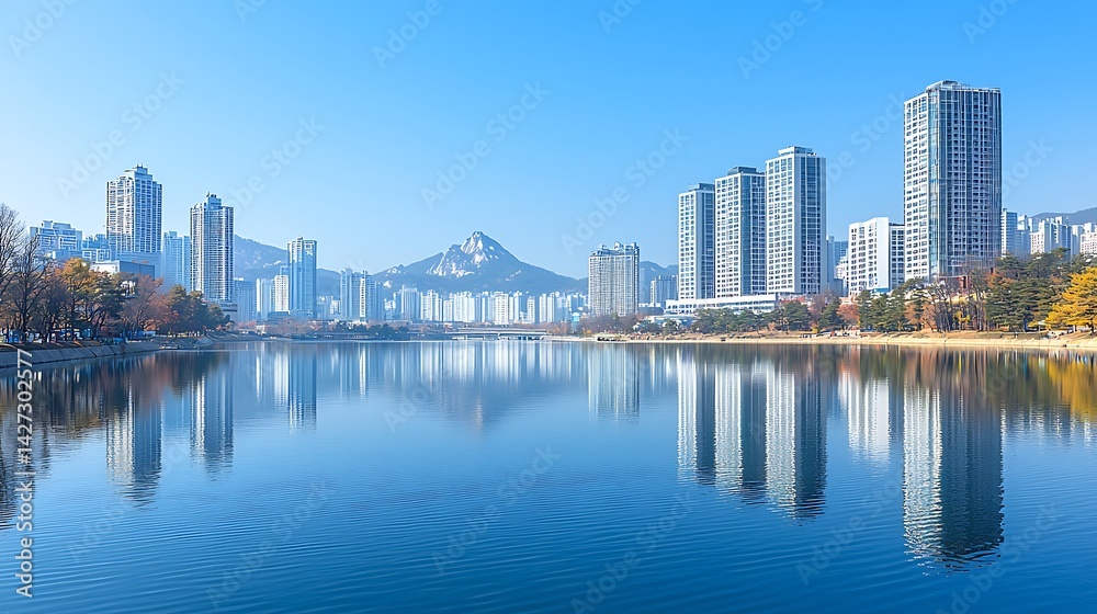 Fototapeta premium Serene Cityscape Reflection: Modern Architecture Mirrored in a Tranquil Lake