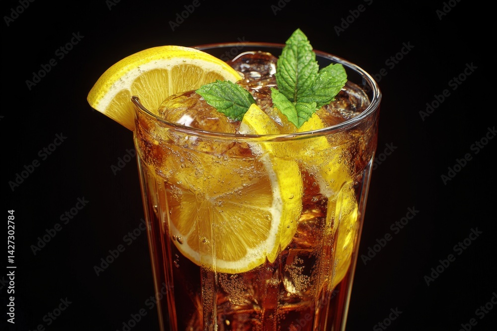 Fototapeta premium Refreshing iced tea with lemon slices and mint leaves against a dark background.