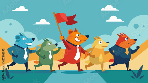 Like a pack of hungry animals the competitors descend upon the flags each determined to stake their claim on the prize.. Vector illustration