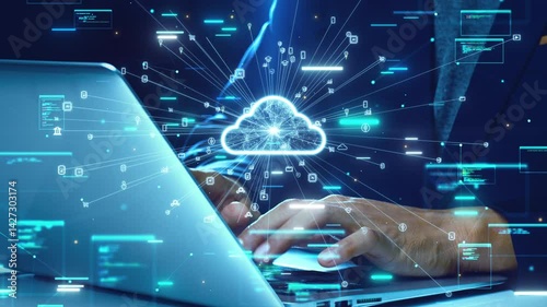 Close-up of hands typing on a laptop with a glowing cloud icon and digital data flow symbols representing cloud computing technology.