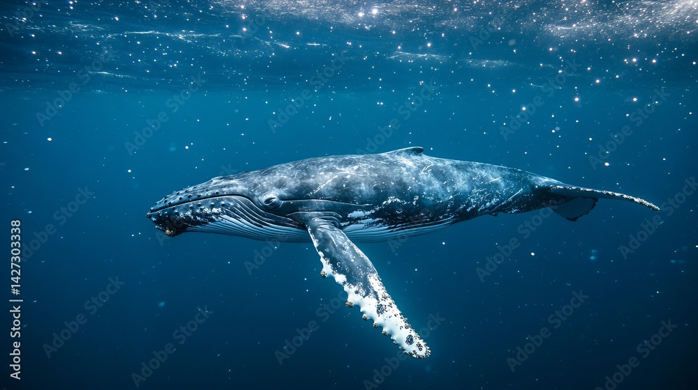 Obraz premium Majestic Humpback Whale Underwater Ocean Wildlife Photography Blue Water Nature Scene Peaceful Aquatic Animal Deep Sea Marine Life Photography Stunning Wildlife Image Breathtaking Underwater World 