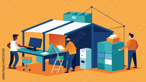 The first temporary office structures are being set up with workers installing computers printers and other necessary equipment to facilitate. Vector illustration