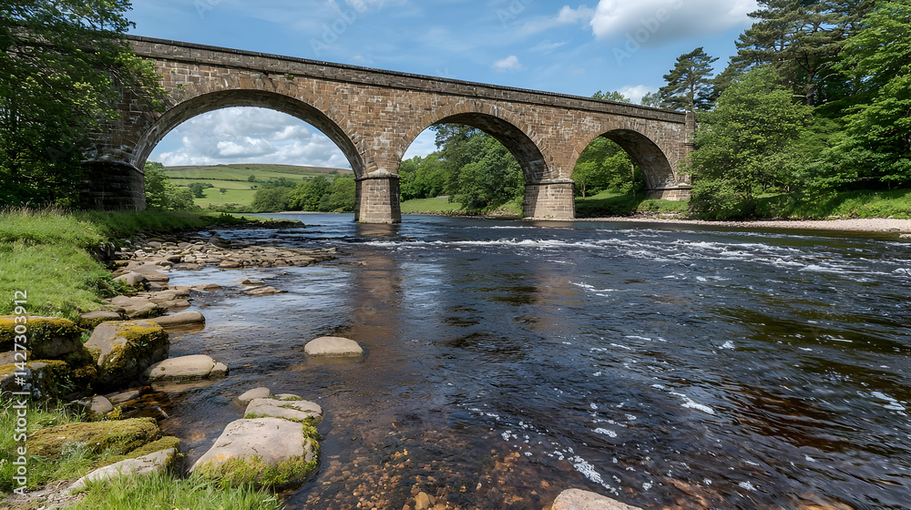 Fototapeta premium Stone Arch Bridge Over River Landscape