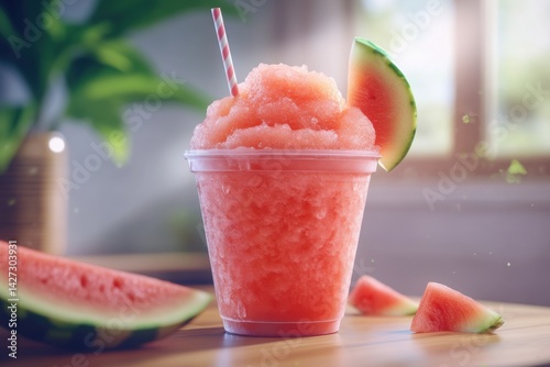 Refreshing watermelon slushie in a cup with a straw, showcasing vibrant pink and green hues.