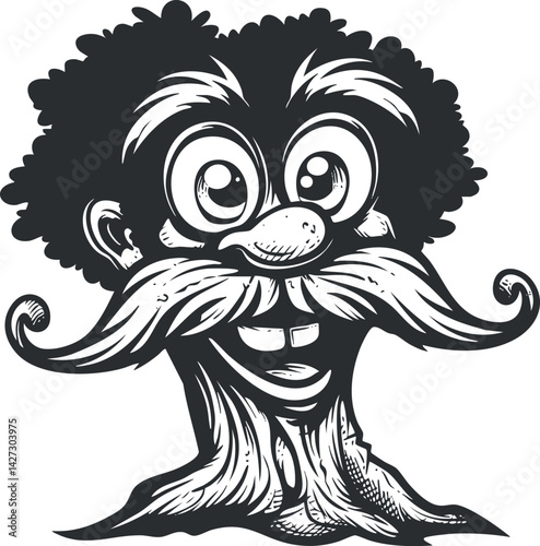 A playful cartoon character with a large mustache and curly hair, expressing joy and humor.