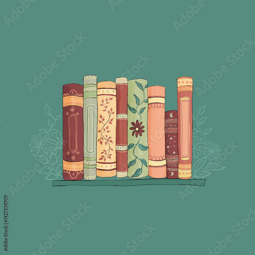 Wallpaper Mural Hand drawn. Old books on a shelf. With botanic elements, leaves and flowers 
 Torontodigital.ca