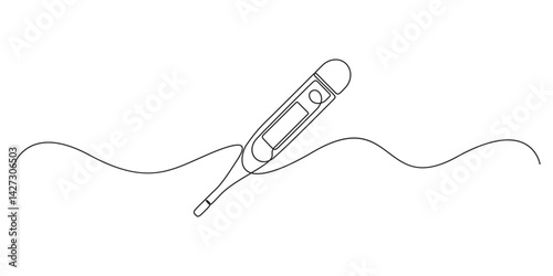 One continuous line drawing of medical thermometer. Single line of medical thermometer drawing. Medical thermometer illustration. Doodle outline vector illustration