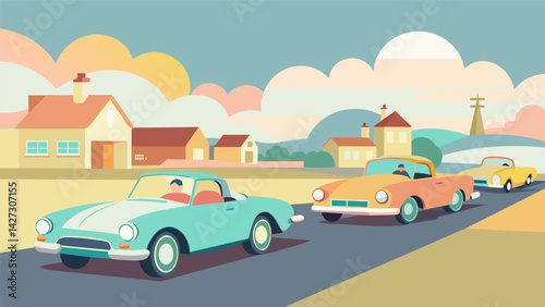 A group of vintage roadsters in shades of pastel blue yellow and pink zoom past a small town drawing the attention of onlookers.. Vector illustration
