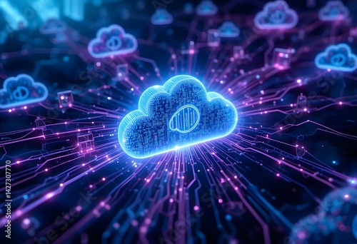 Abstract glowing cloud network showing data transfer, bright digital lines connecting cloud icons in a dark futuristic background