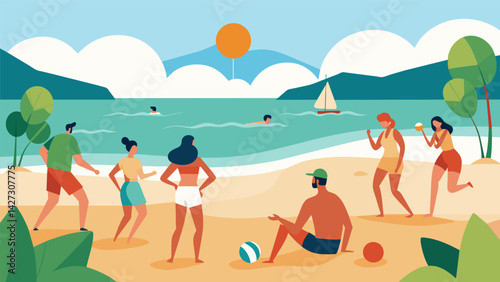 As the temperature rises a group of beach lovers cool off in the water while still incorporating a game of petanque into their day at the beach.. Vector illustration