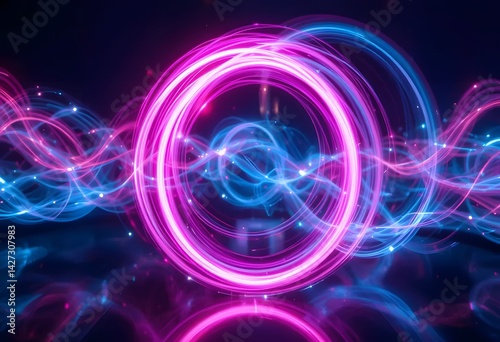 Hyper-realistic image of abstract glowing circular light trails in vibrant pink and electric blue, long exposure effect