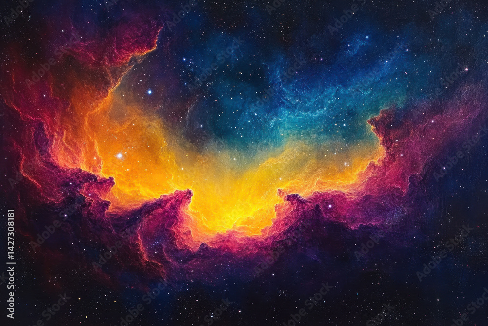 Fototapeta premium Colorful nebula swirling with vibrant hues of pink, purple, and blue, showcasing a celestial dance of light and gas in the vast expanse of space.