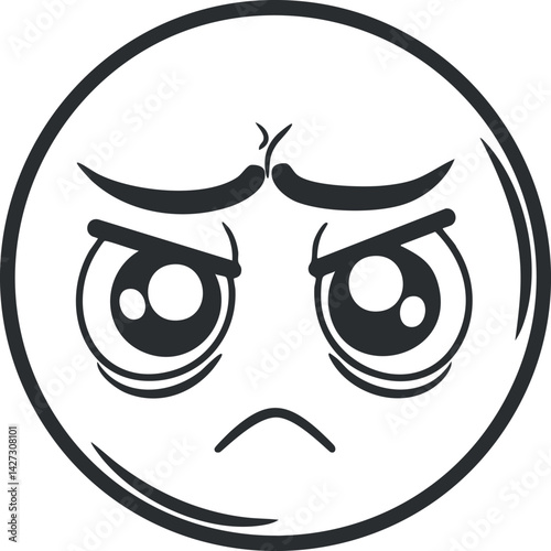 A simple line drawing of a sad emoticon with large expressive eyes and a frowning mouth.