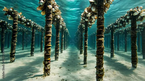 Underwater farm view of rows of wooden pillars covered in mussels.
