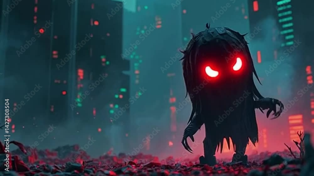 Dark Alien Creature with Glowing Red Eyes Standing Menacingly Amidst Neon-Lit Post-Apocalyptic City Ruins at Night