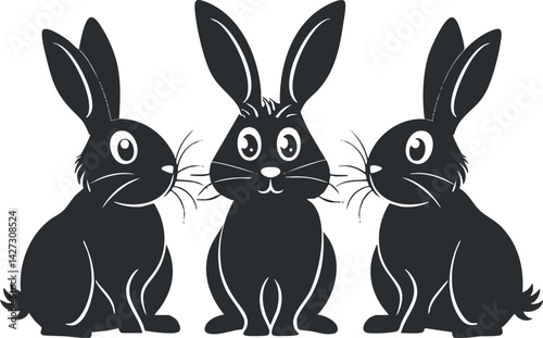 Three playful black rabbits with long ears and whiskers in a cartoon style.