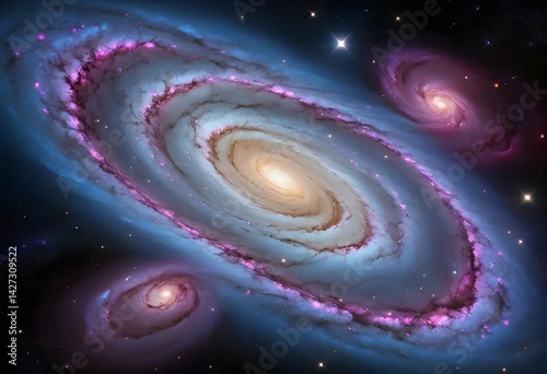  spiral galaxy in deep cosmic space, glowing galactic arms swirling with bright blue, purple, and magenta tones