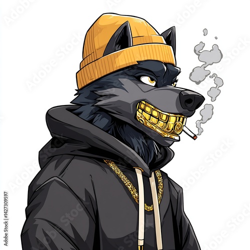 Wolf with beanie, gold grillz, and hoodie smoking cigarette on white background