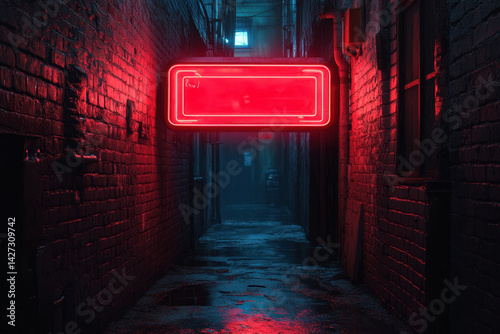 Neon sign in alley, red light ambiance.