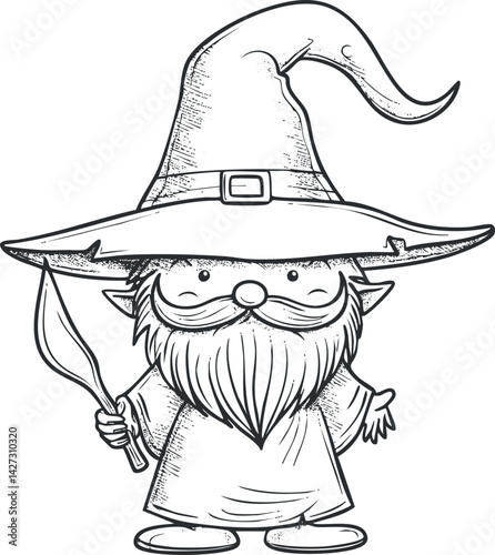A whimsical cartoon gnome wizard with a long beard and pointy hat holding a wand.