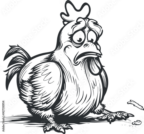 A comical cartoon chicken with a sad expression, showcasing humor and whimsical character design.