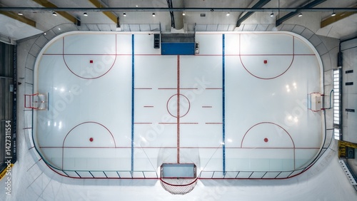 Aerial view of an empty indoor ice hockey rink