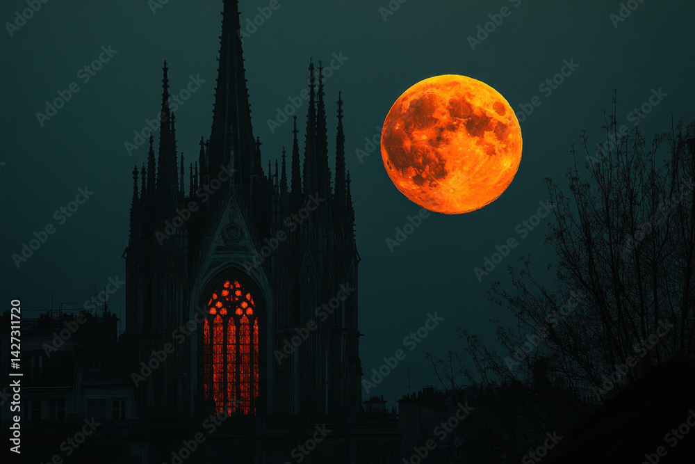 Fototapeta premium Super blood moon rising over St. Vive Cathedral in Paris, France, on March .