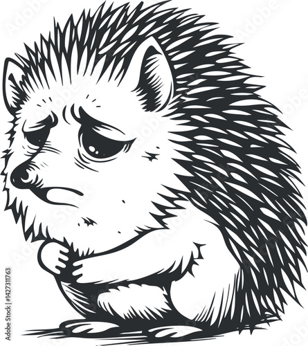 A sad hedgehog character illustrated in a whimsical black and white style.