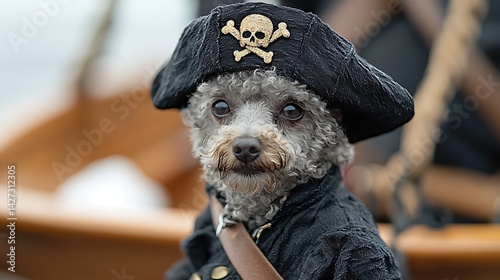 Ahoy, Matey!  Grey Poodle Pirate Captain on Ship