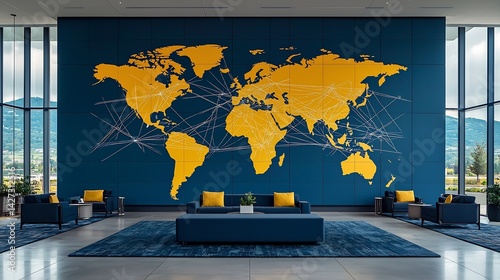 Open plan executive office area mural conveys global business connectivity Abstract world maps interlaced network lines cover wall creating panoramic view inspires international collaboration vision