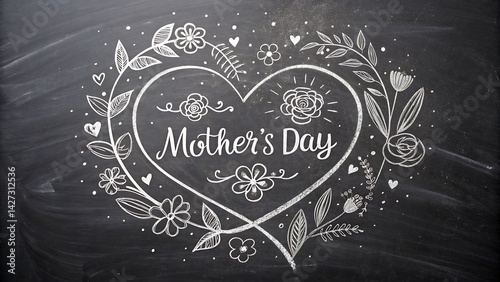 A chalkboard with a white chalk drawing of a heart and flowers for mother's day celebration art