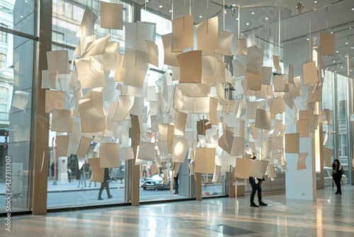 Dynamic hanging installation of wind-sensitive panels that change their alignment to form shifting designs
