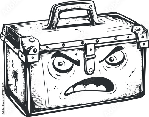 An illustrated angry toolbox with exaggerated facial features expressing frustration and humor.