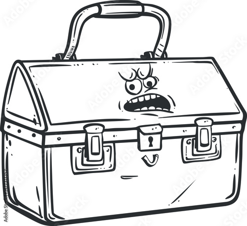 A cartoon toolbox with a funny face displaying a surprised expression and quirky design.