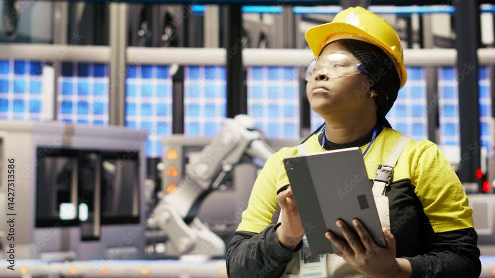 Industry 4.0 plant engineer following maintenance procedures to repair damages. Smart factory specialist analyzing data on laptop to predict conveyor belts and robotic arms failures, camera B Industry 4.0 plant engineer following maintenance procedures to repair damages. Smart factory specialist analyzing data on laptop to predict conveyor belts and robotic arms failures, camera B