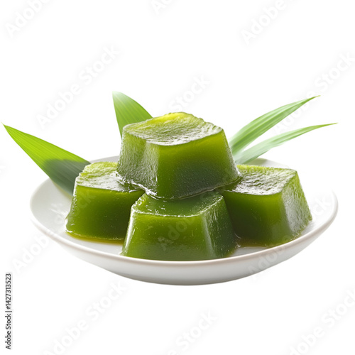 Green Tea Jelly Cubes on a Plate with Leaves,