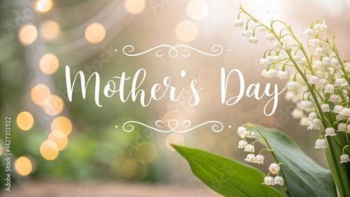 A floral mother's day greeting card with lily of the valley and bokeh lights in the background